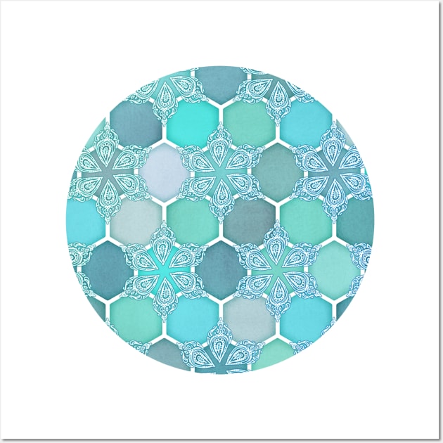 Frozen Mint Honeycomb - Doodle Hexagon Pattern Wall Art by micklyn